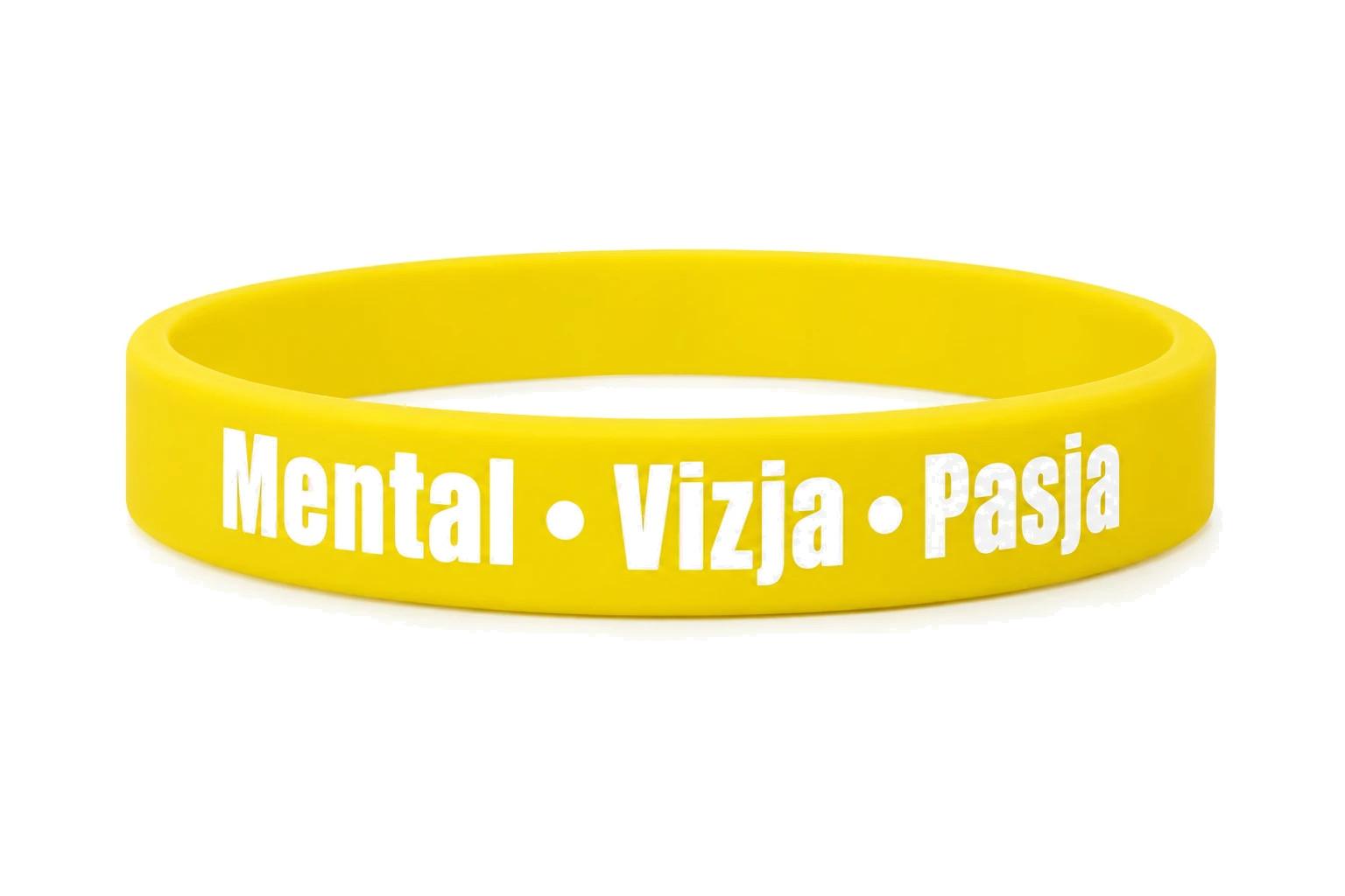 Żółta bransoletka MVP z białym napisem „Mental • Vizja • Pasja”